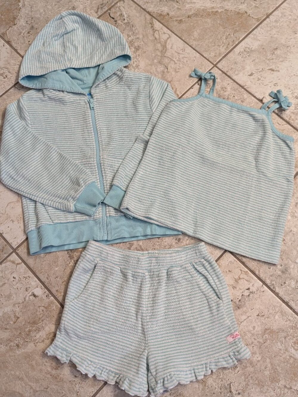 Sz 5 Ruffle Butts terry cloth 3-pc. outfit - teal stripes
